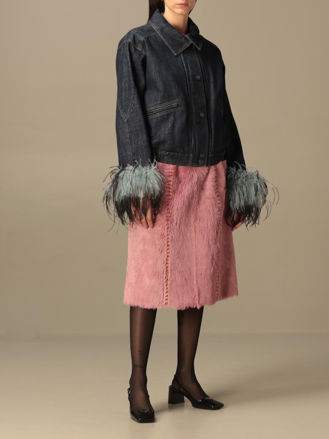 Prada Outlet: Giacca di jeans con piume di struzzo - Blue | Giacca Prada  GFB159 1MVJ GIGLIO.COM