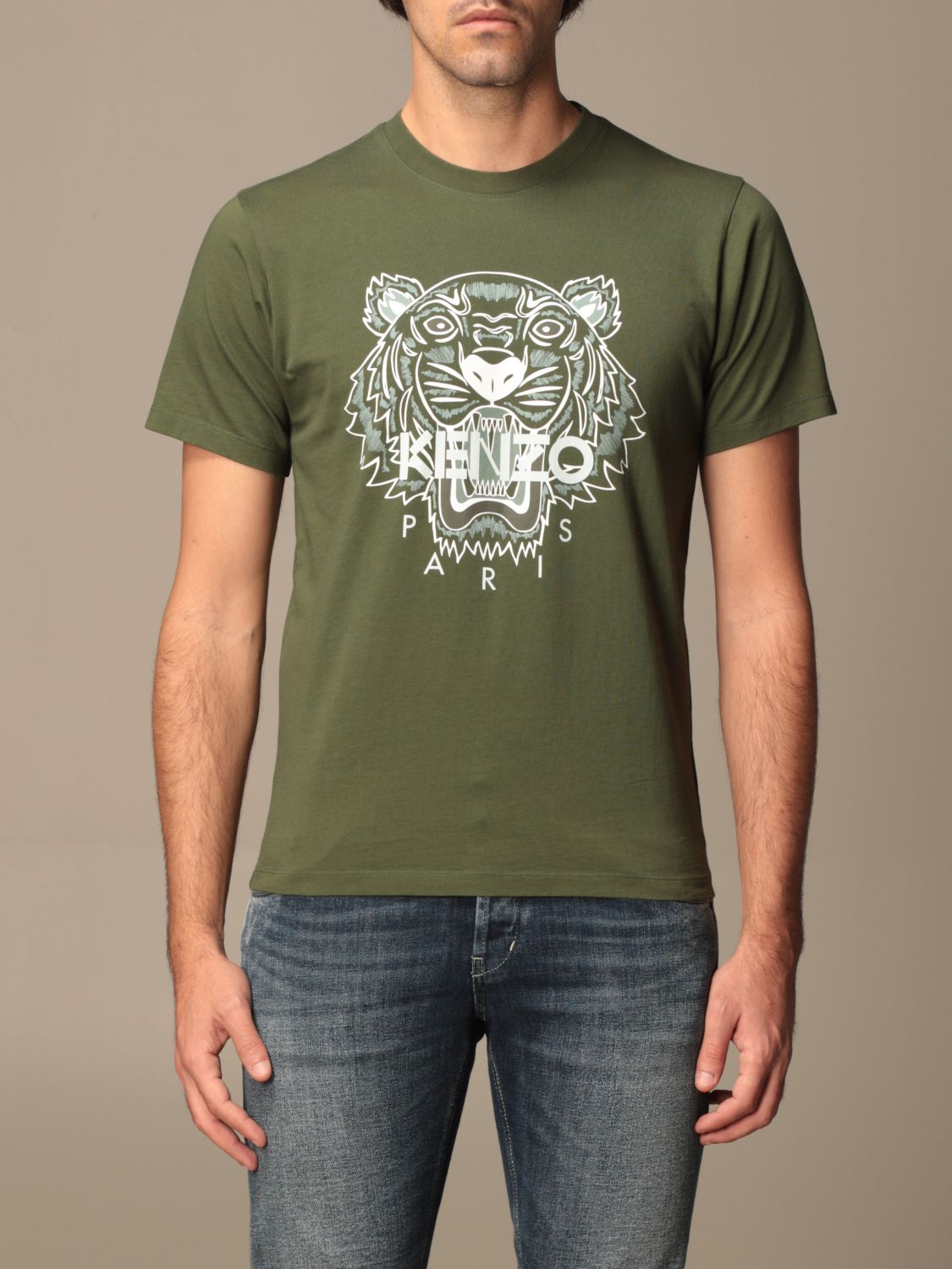 KENZO: cotton T-shirt with Tiger Paris logo - Kaki | Kenzo t-shirt ...