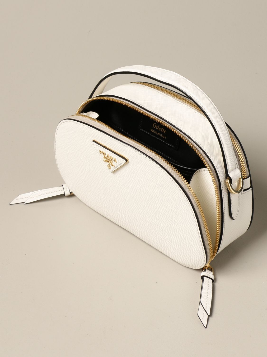 PRADA: Odette bag in saffiano leather - White  Prada mini bag 1BH123 NZV  online at