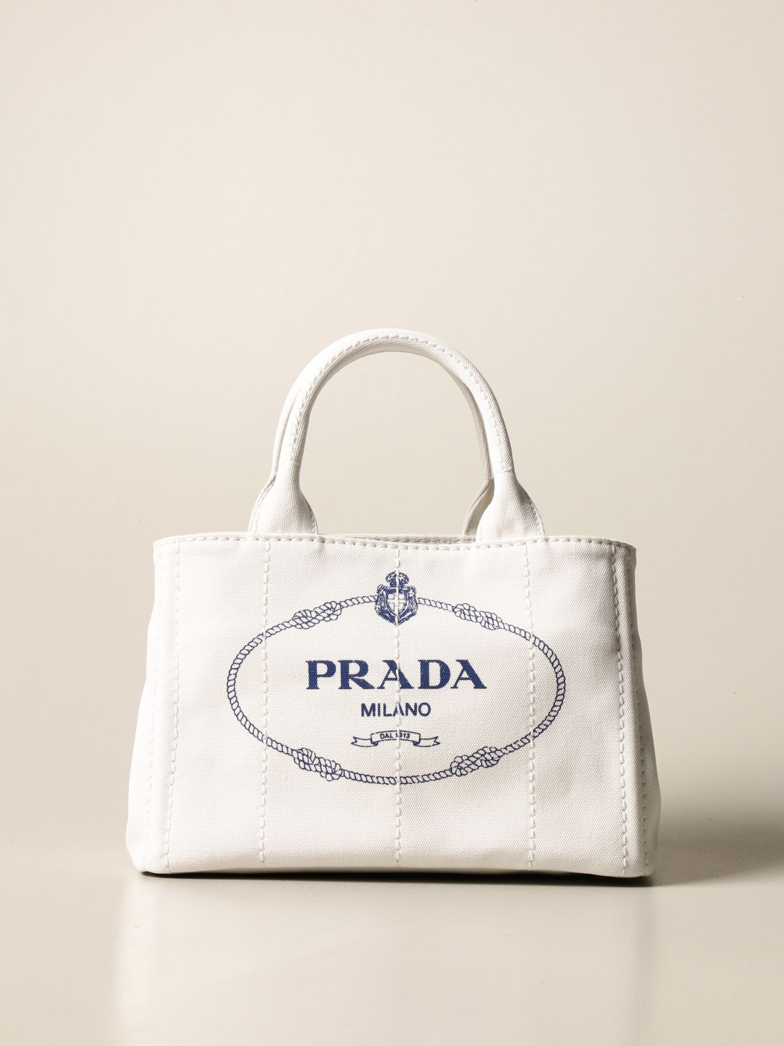 PRADA: bag in canvas and triangular logo - White | Prada handbag 1BG439 ...