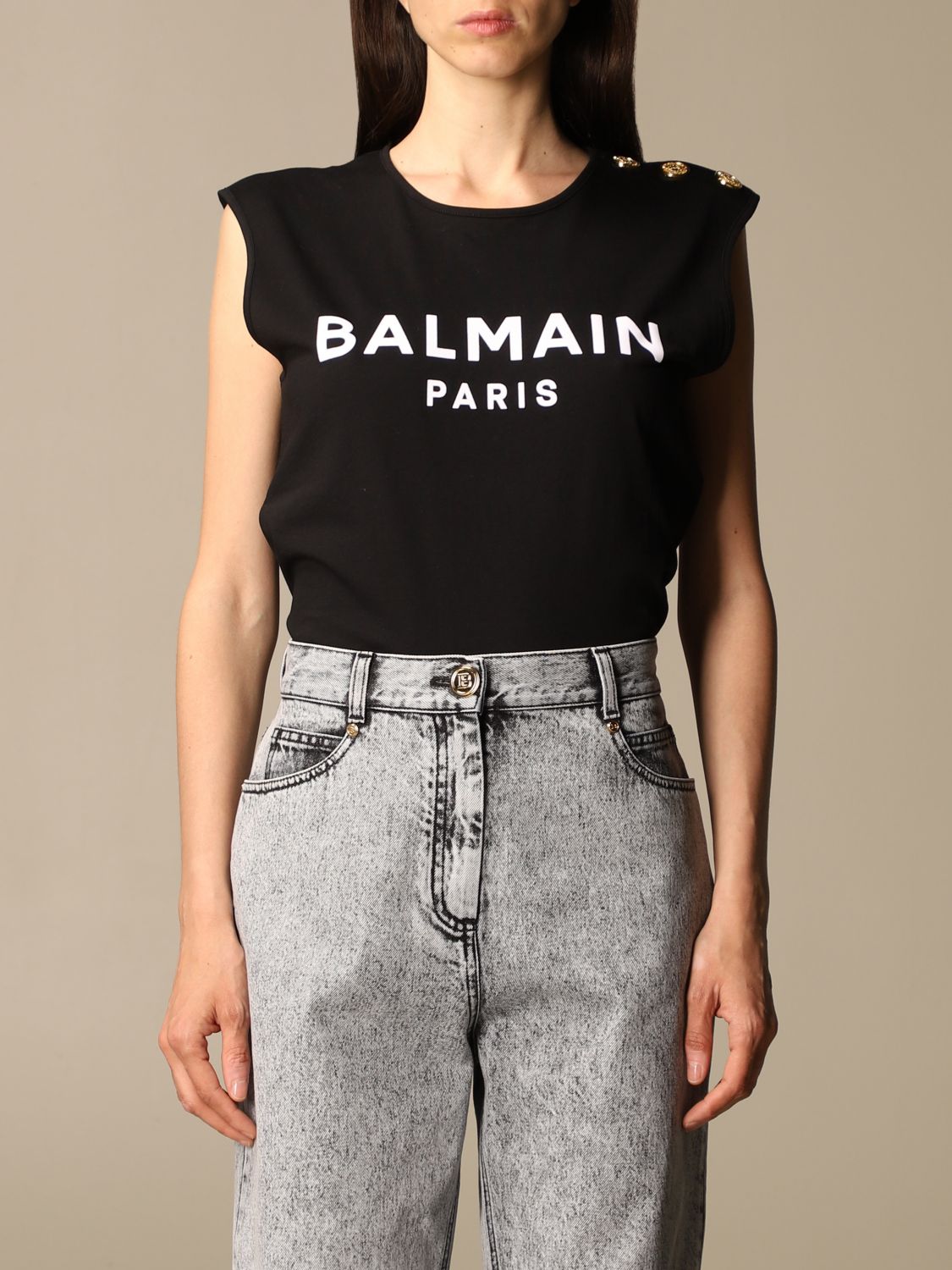 BALMAIN: cotton T-shirt with logo and buttons - Black 1 | Balmain t ...