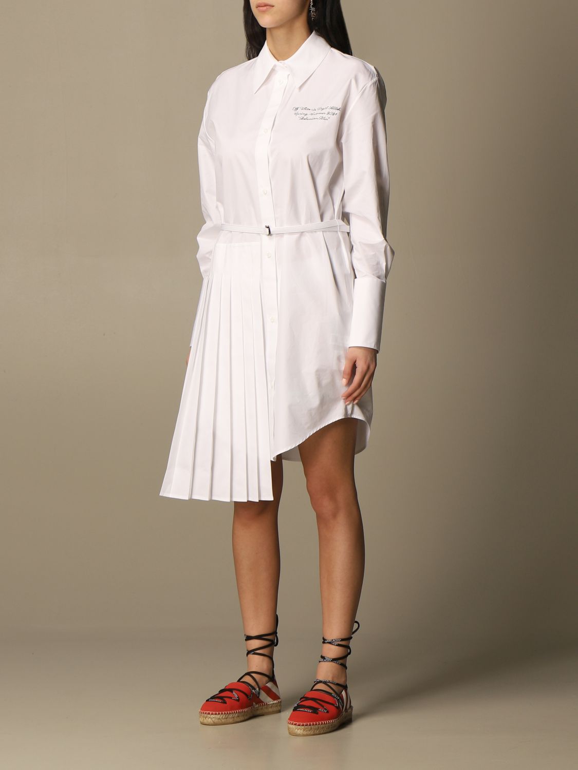 White shirt dress with pleated panel ...