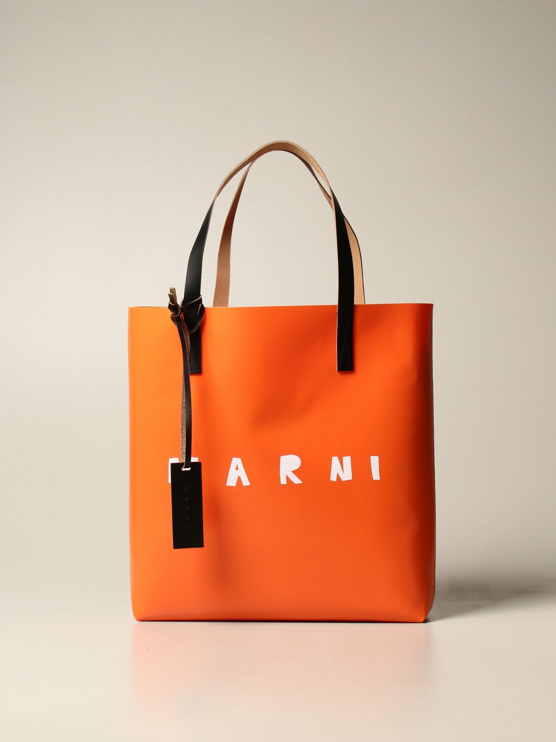 MARNI: tote shopping bag in pvc with logo - Orange | Tote Bags Marni