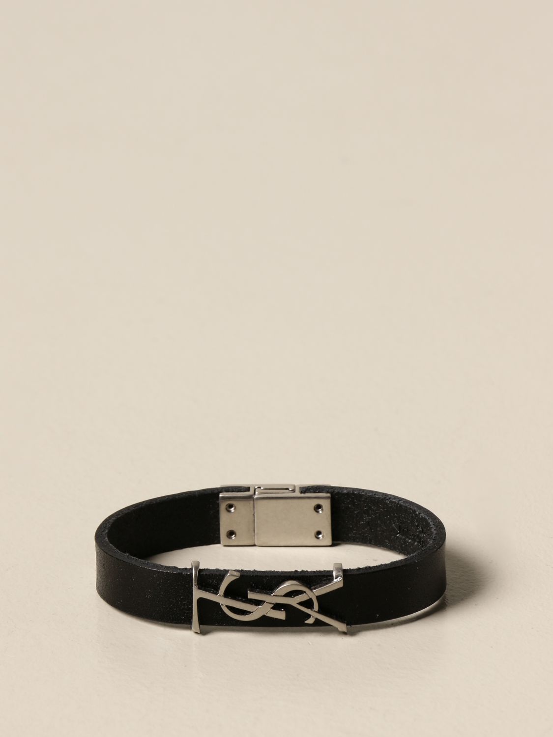 SAINT LAURENT: Opyum leather bracelet with YSL monogram - Black | Saint Laurent jewel 559355