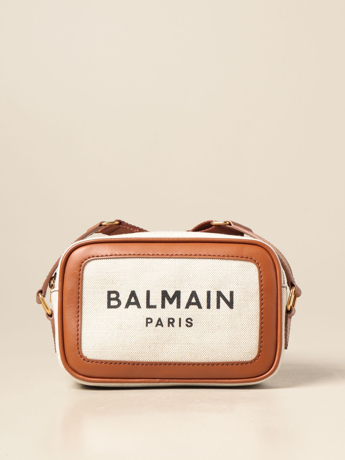 BALMAIN: bag in canvas and leather - Natural | Balmain mini bag ...