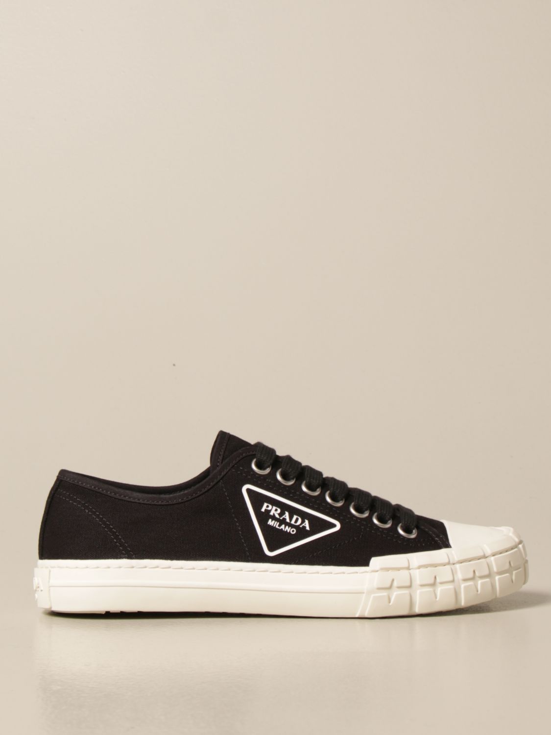 PRADA: sneakers in canvas with triangular logo - Black | Prada sneakers  4E3548 2OFZ online on 