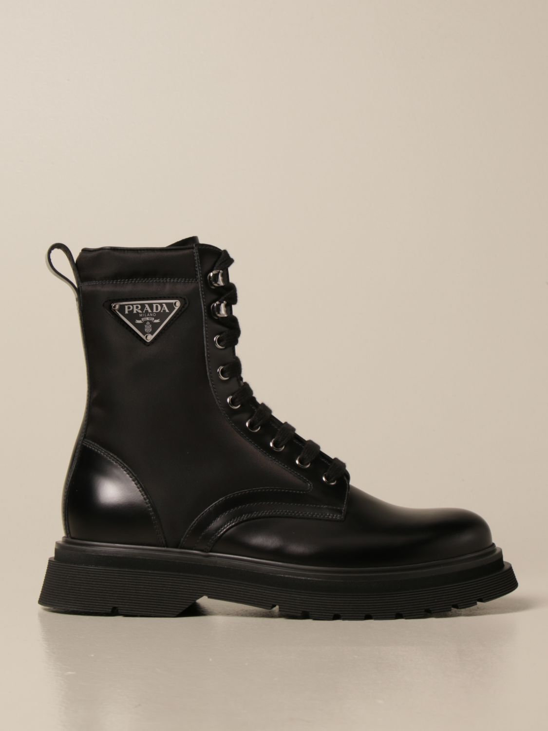 PRADA: ankle boot in leather and nylon with triangular logo - Black ...