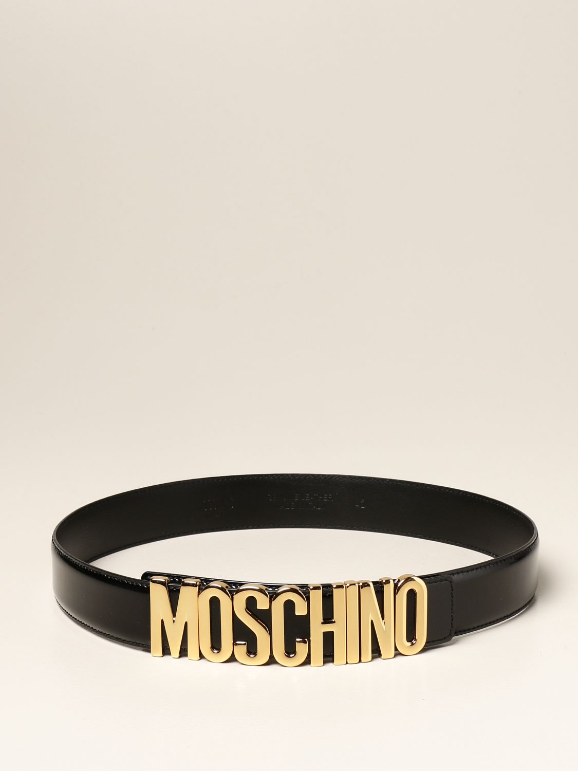 MOSCHINO COUTURE: patent leather belt with big logo - Black | Moschino ...