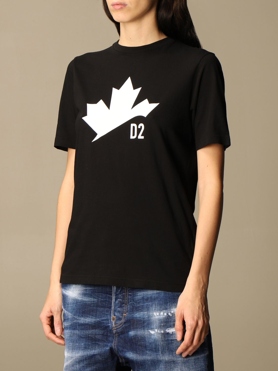 DSQUARED2: cotton T-shirt with maple leaf logo - Black | Dsquared2