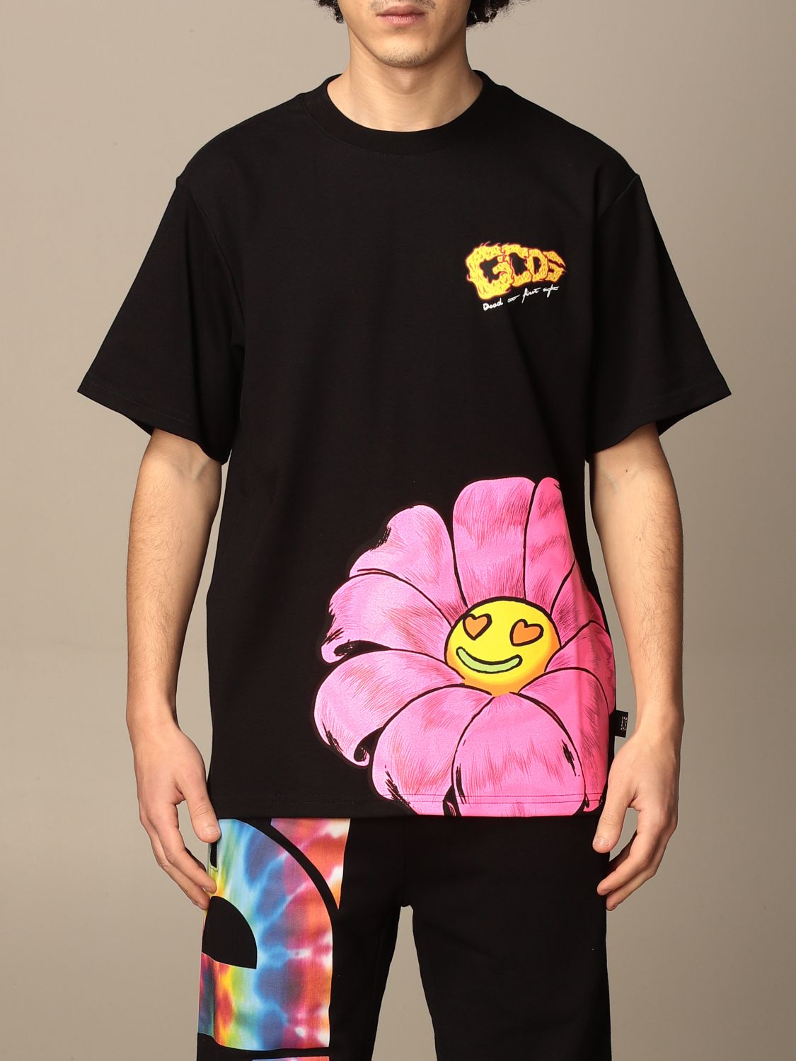 GCDS： Logo和花朵印花棉质T恤 - 黑色 | GcdsT恤SS21M020069在线就在GIGLIO.COM