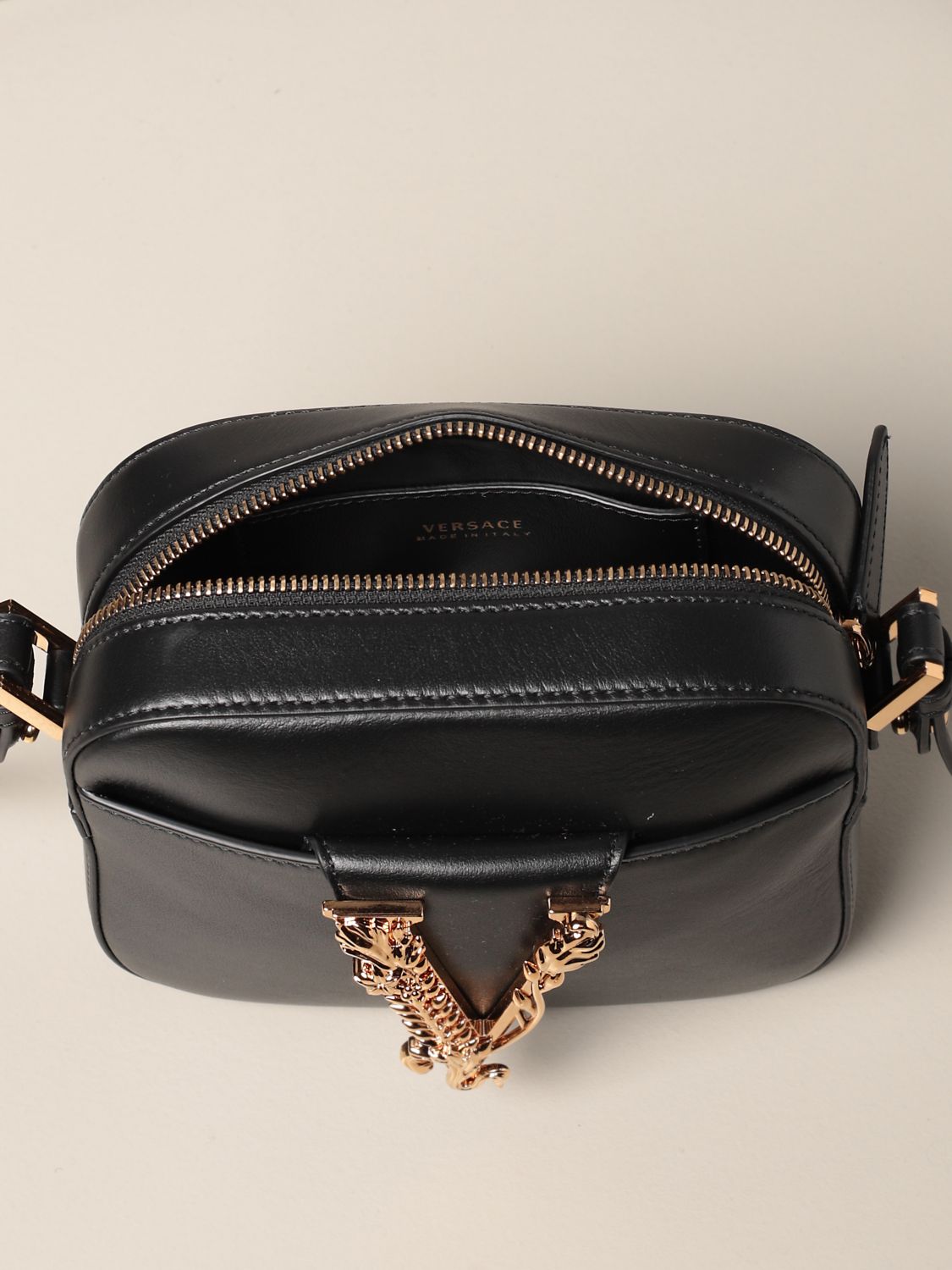 Versace Virtus Camera Crossbody Bag Black in Leather with Gold