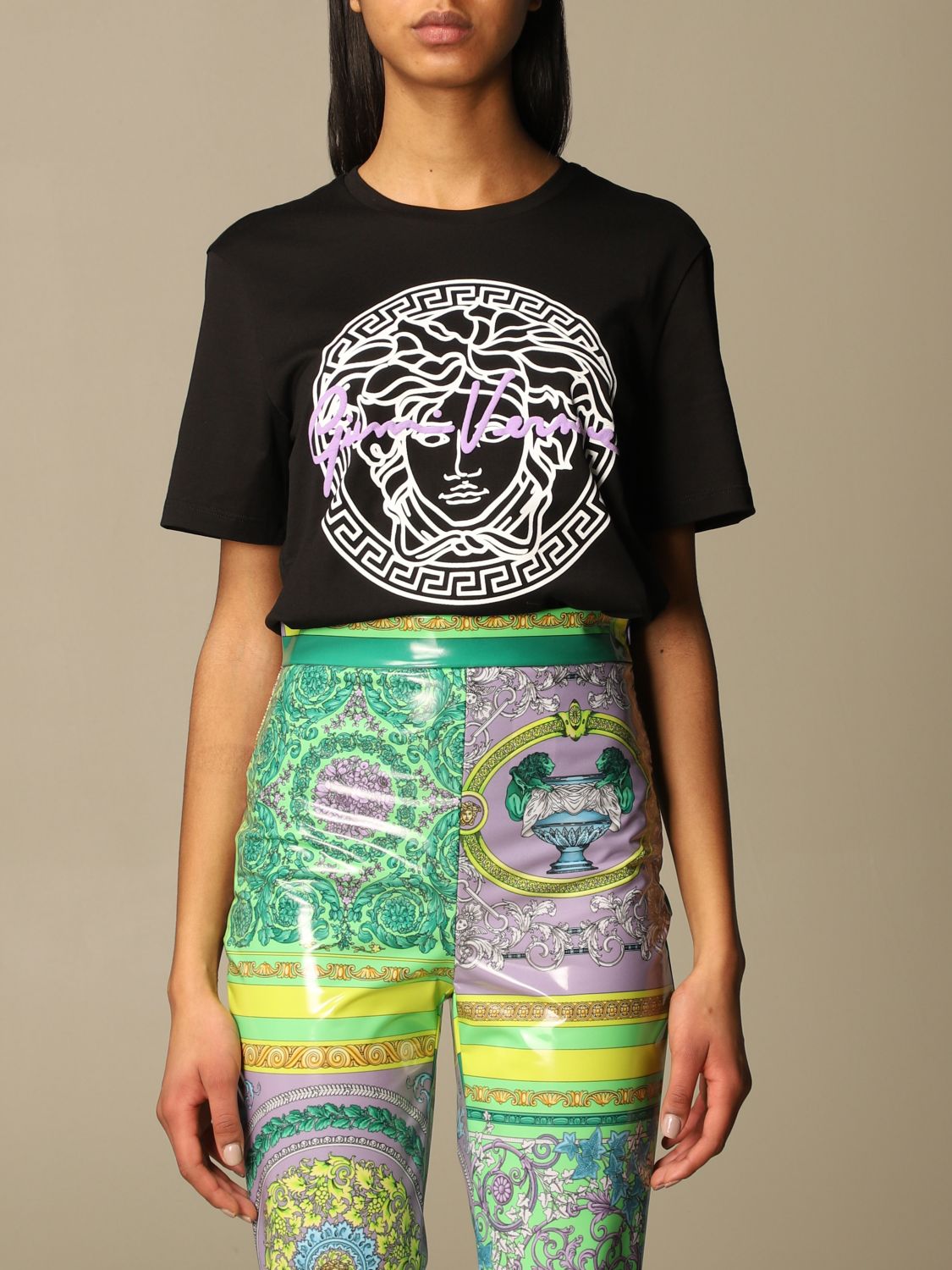 VERSACE: cotton T-shirt with signature and Medusa head - Black 
