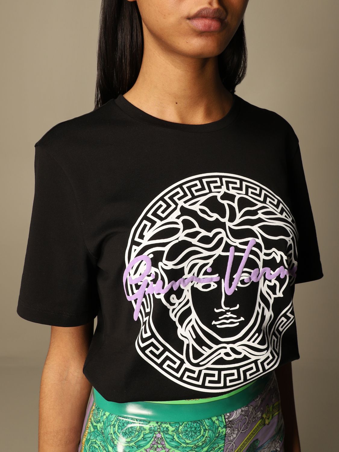 VERSACE: cotton T-shirt with signature and Medusa head Black | Versace t-shirt A88729 online on GIGLIO.COM