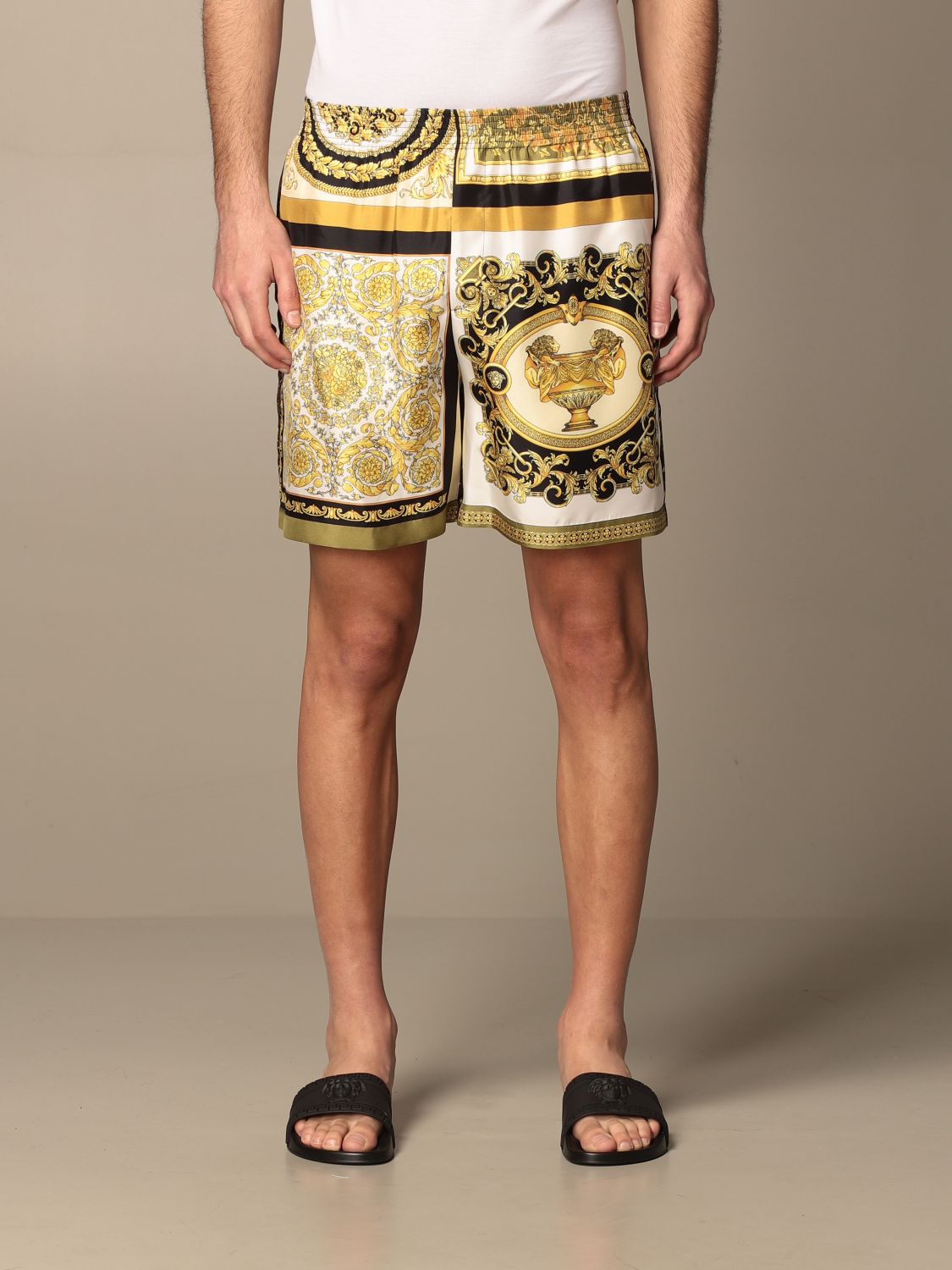 VERSACE: jogging shorts in baroque patterned fabric - Gold | Versace ...