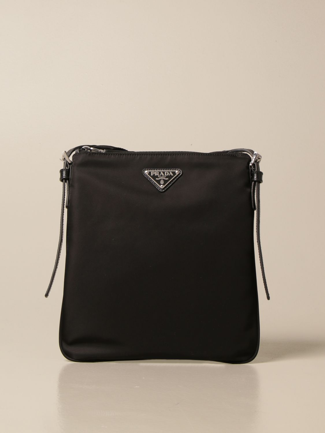 PRADA: nylon bag with triangular rubber logo - Black  Prada shoulder bag  2VH112 2DKO online at