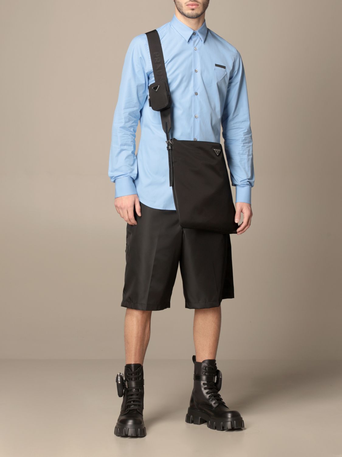 PRADA: nylon bag with triangular rubber logo - Black  Prada shoulder bag  2VH112 2DKO online at