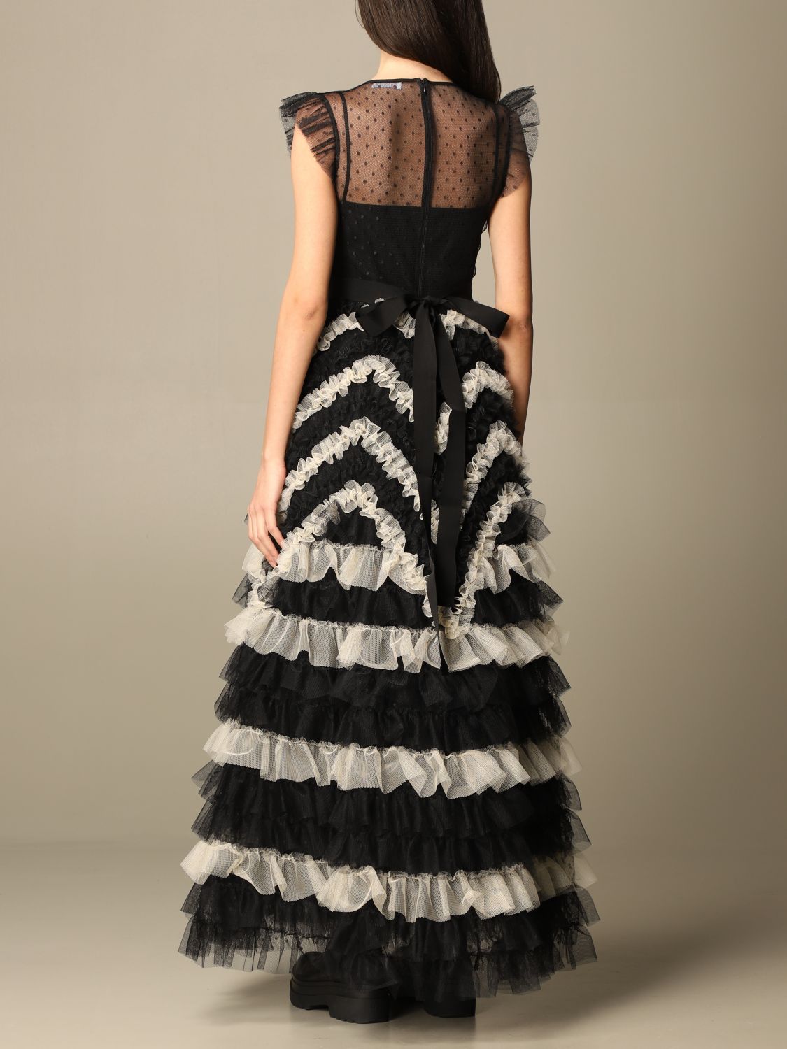 RED VALENTINO: long dress in tulle with flounces - Black | Red