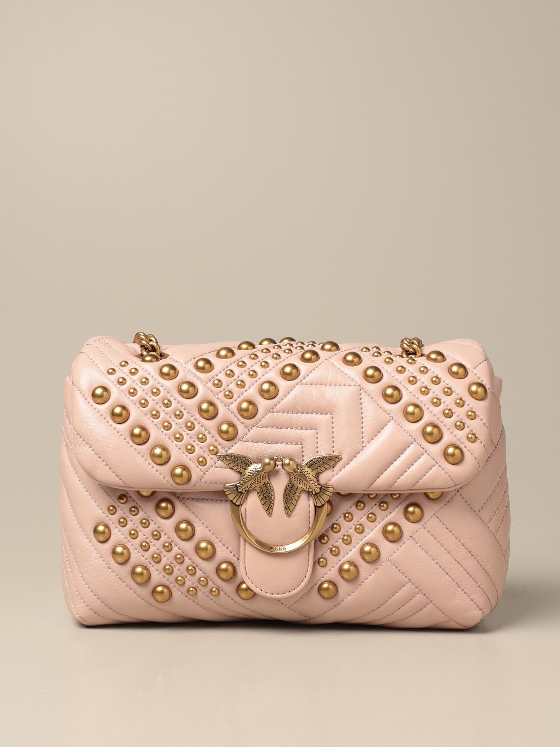 PINKO Love Classic Puff bag in nappa leather with studs Blush Pink Crossbody Bags Pinko