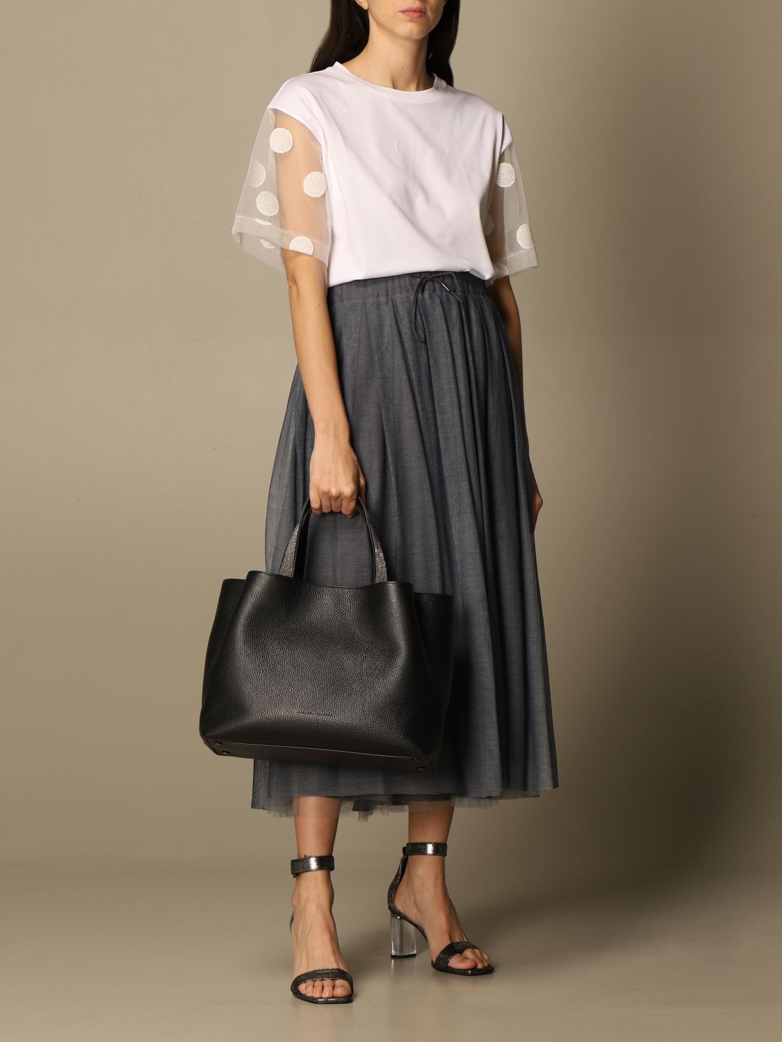 FABIANA FILIPPI: wide skirt with drawstring in cotton blend - Denim ...