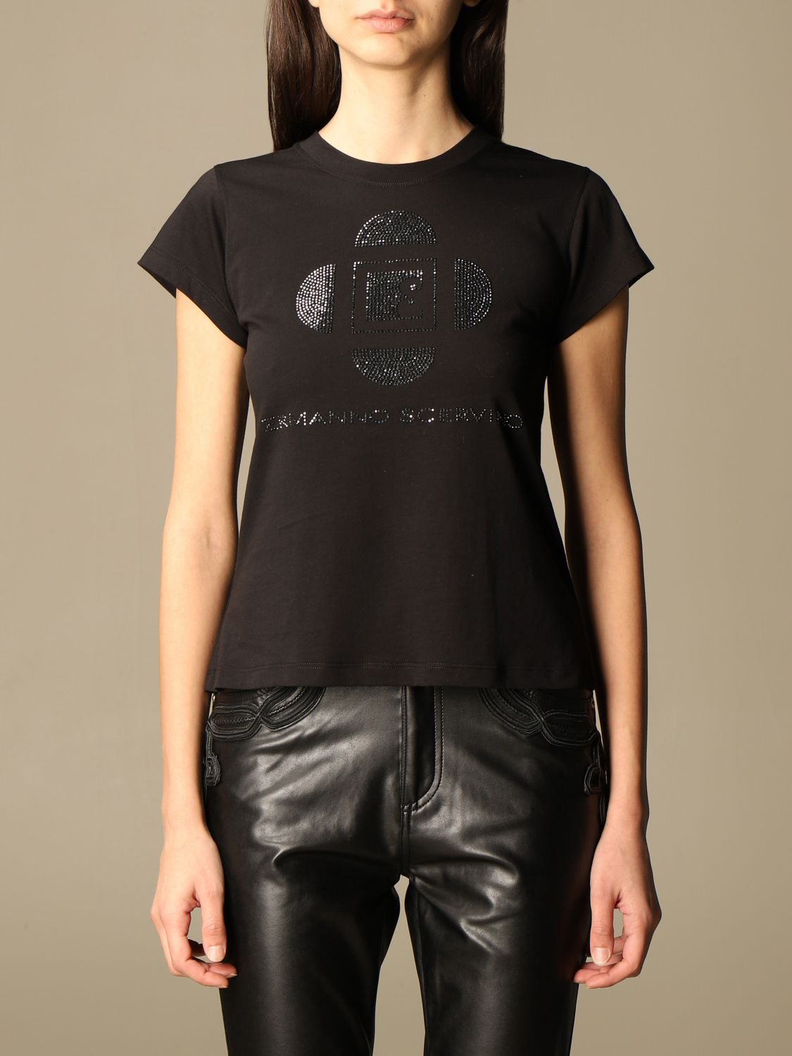 ERMANNO SCERVINO: cotton T-shirt with rhinestone logo - Black | T-Shirt ...