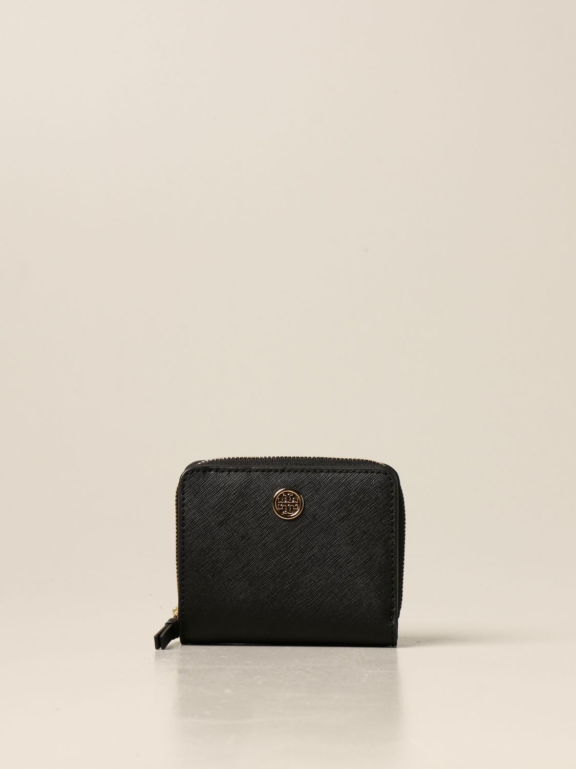 TORY BURCH: wallet in saffiano leather with metallic emblem - Black