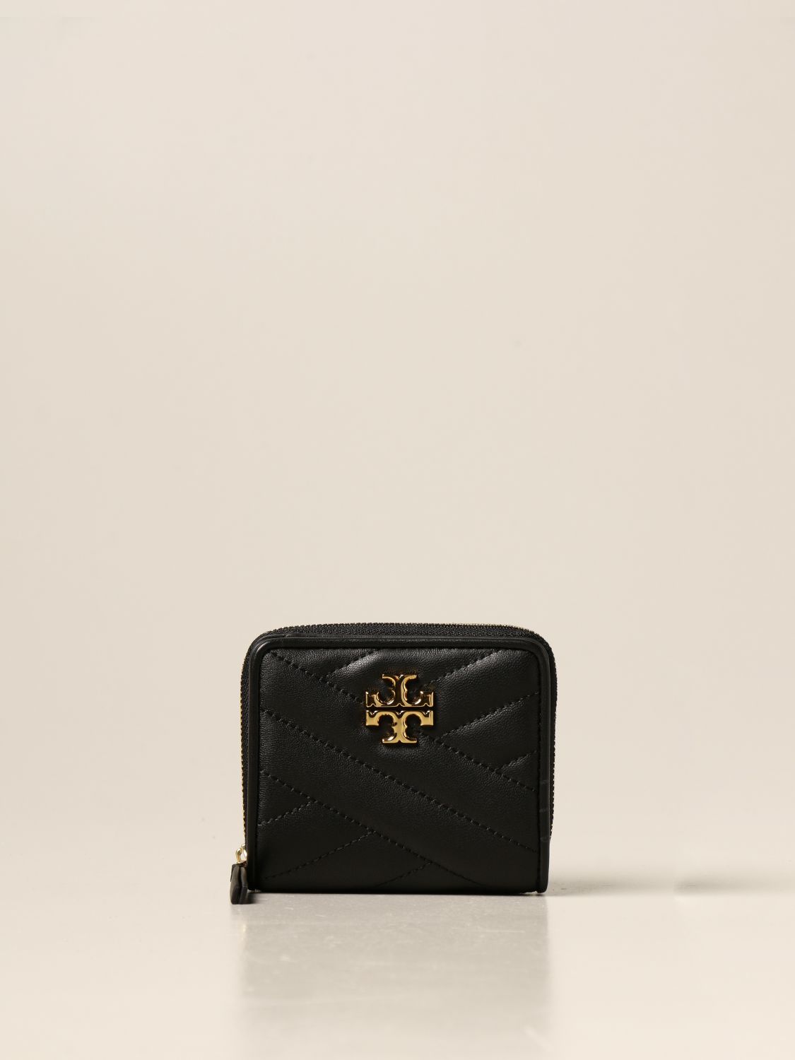 TORY BURCH: Kira wallet in quilted nappa leather with metallic emblem -  Black | Tory Burch mini bag 56820 online on 