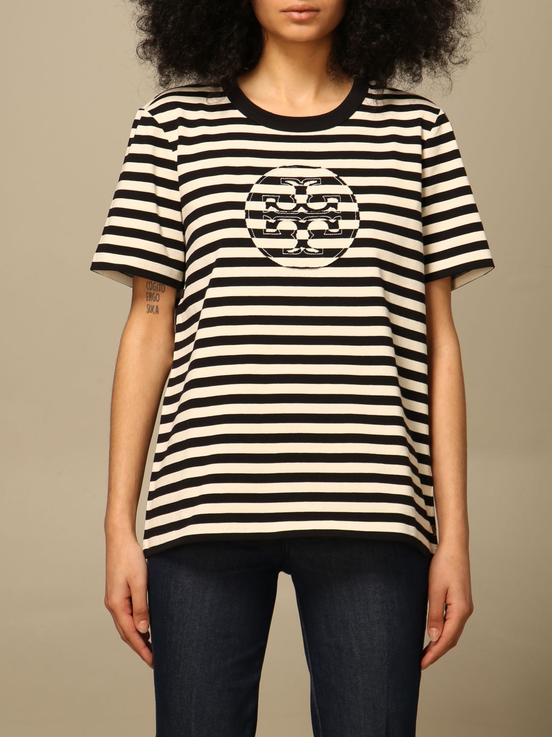 TORY BURCH: t-shirt in striped cotton with emblem - White | Tory Burch t- shirt 63871 online on 