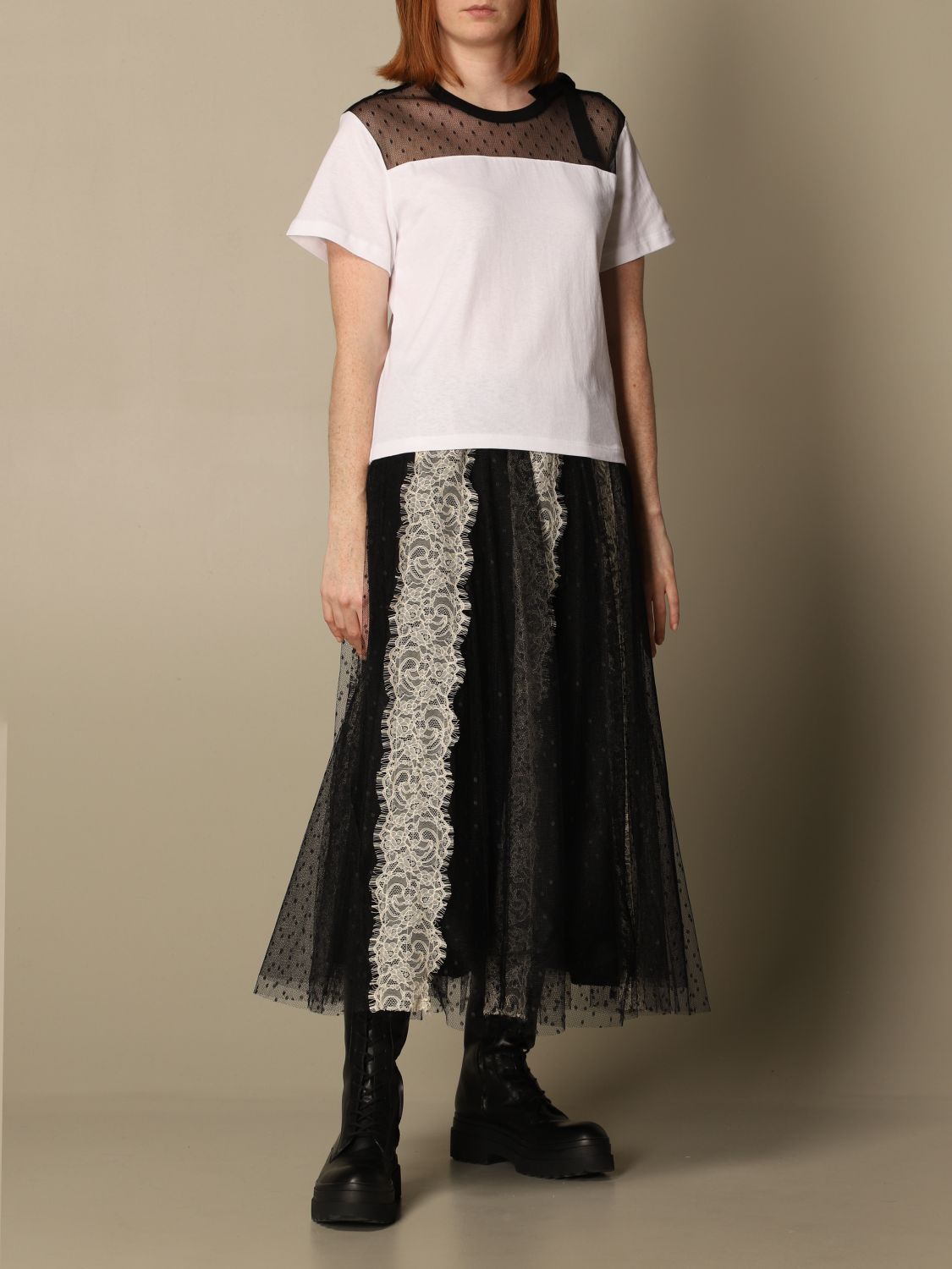Red Valentino T-shirt in cotton and point d'esprit tulle
