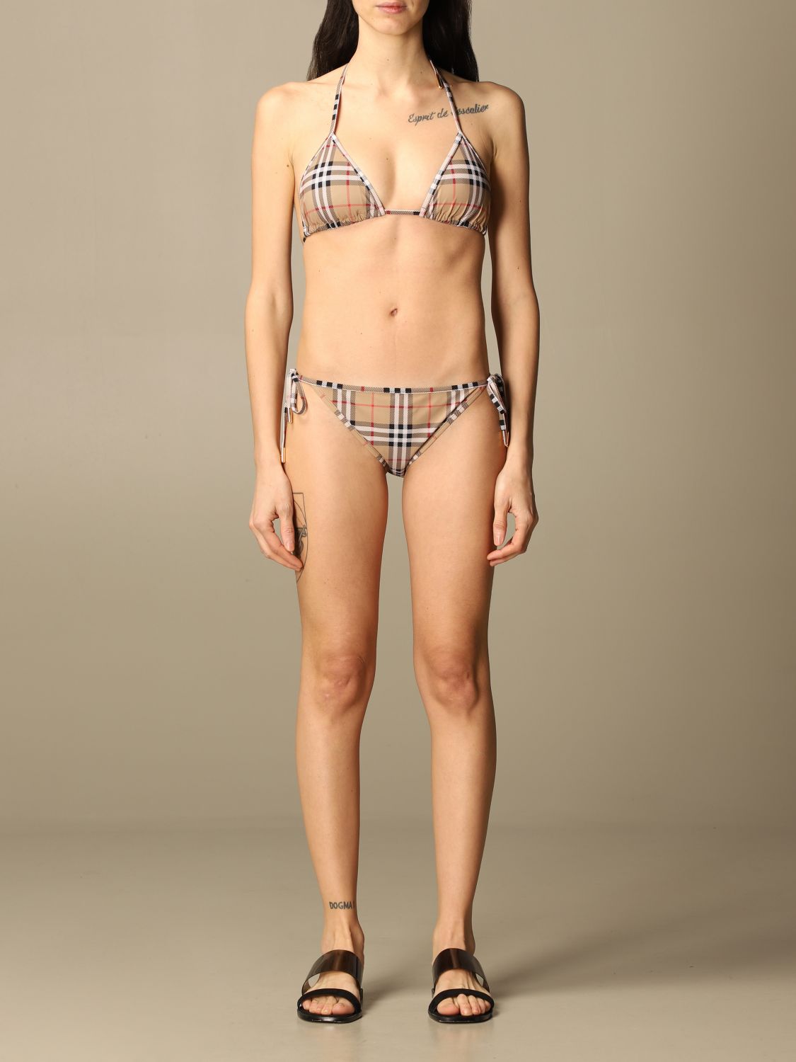 BURBERRY: check bikini swimsuit - Beige | Burberry swimsuit 8009008 online  on 