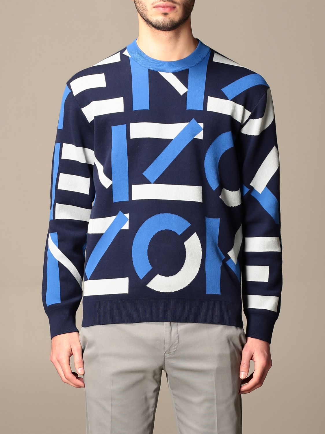 KENZO: crewneck sweater with all over logo - Blue | Kenzo sweater ...
