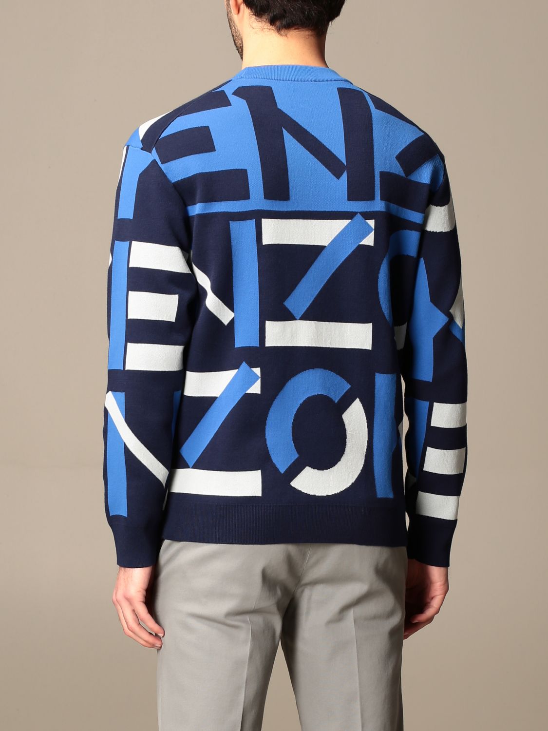 KENZO: crewneck sweater with all over logo - Blue | Sweater Kenzo
