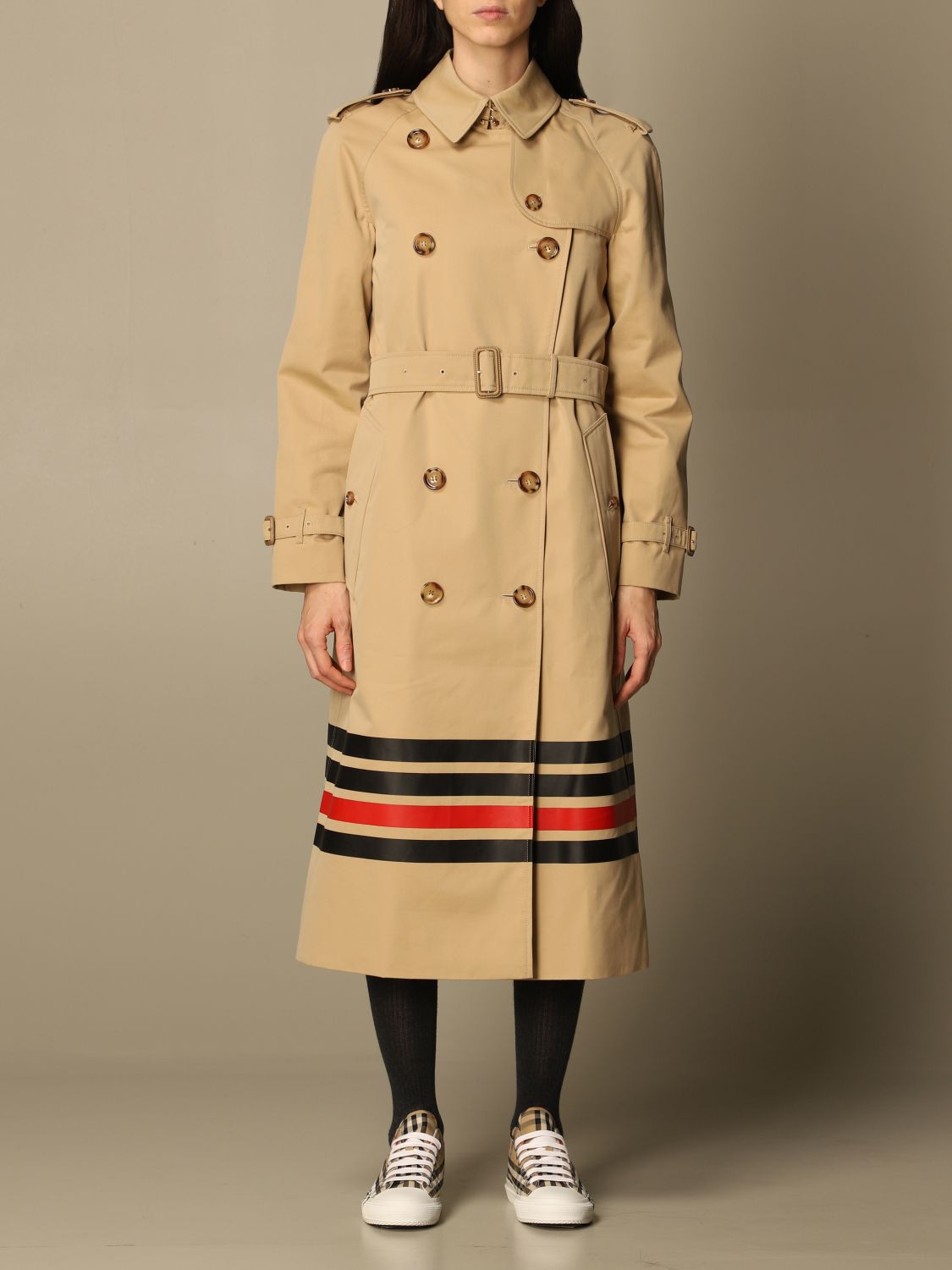 BURBERRY: trench coat in cotton gabardine with striped detail - Honey ...