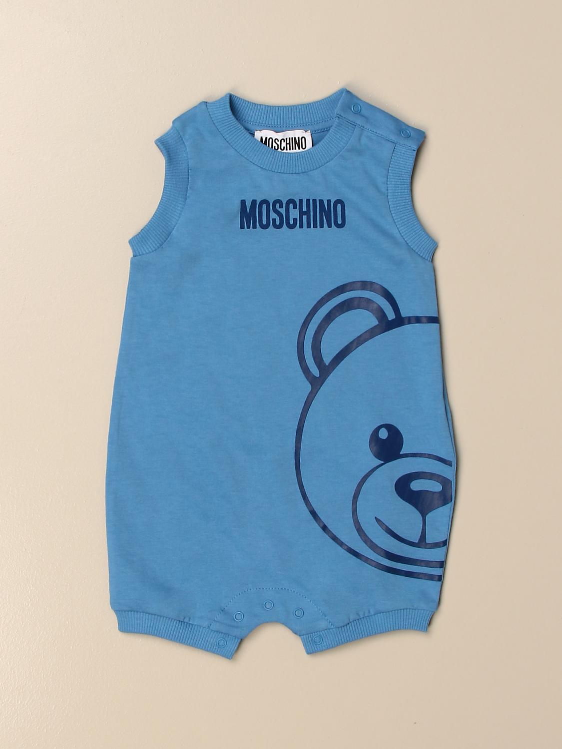 MOSCHINO BABY short cotton romper with big teddy Blue Moschino