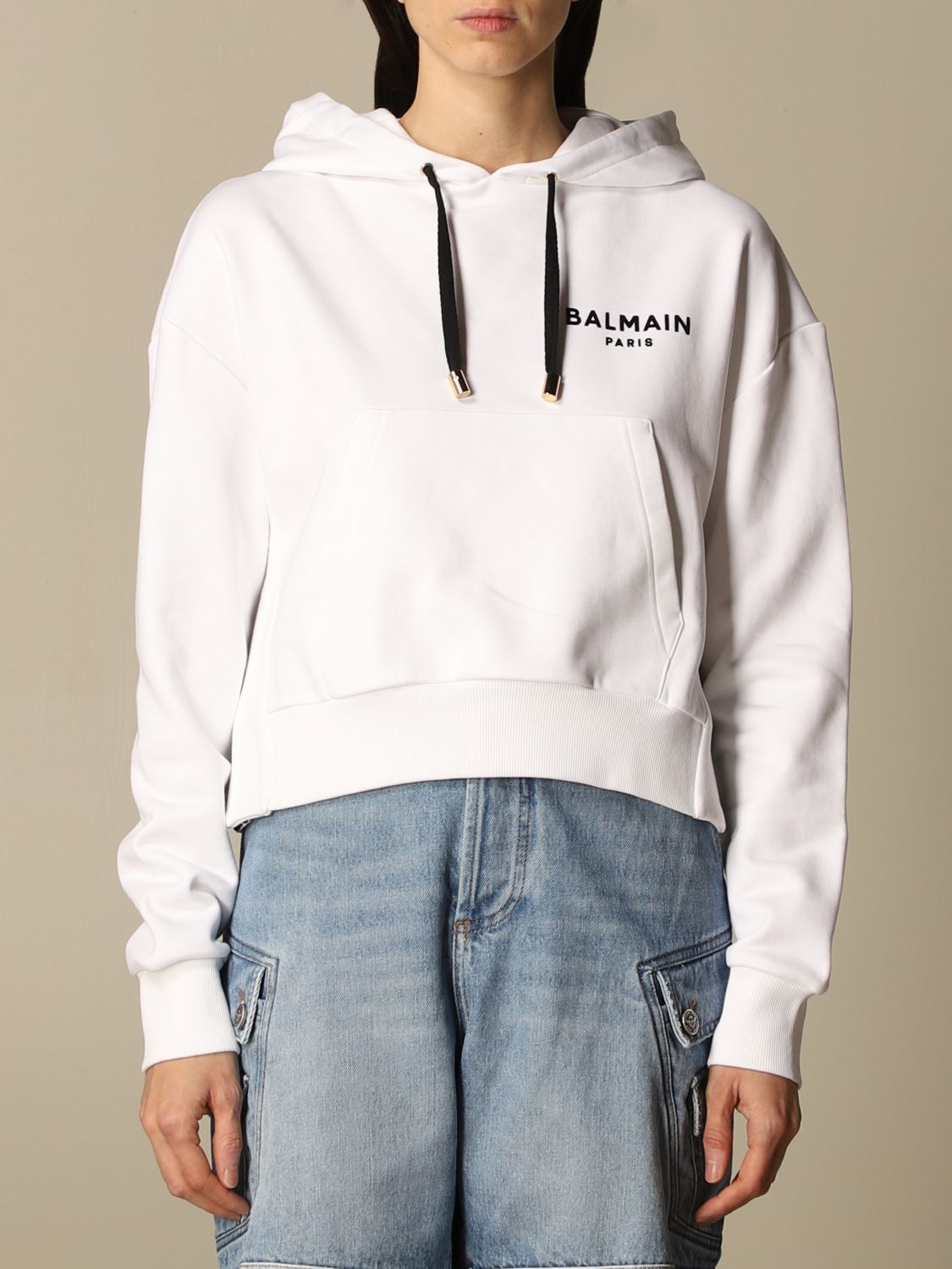 hoodie in cotton with logo - White | Balmain sweatshirt VF13792B015 on GIGLIO.COM