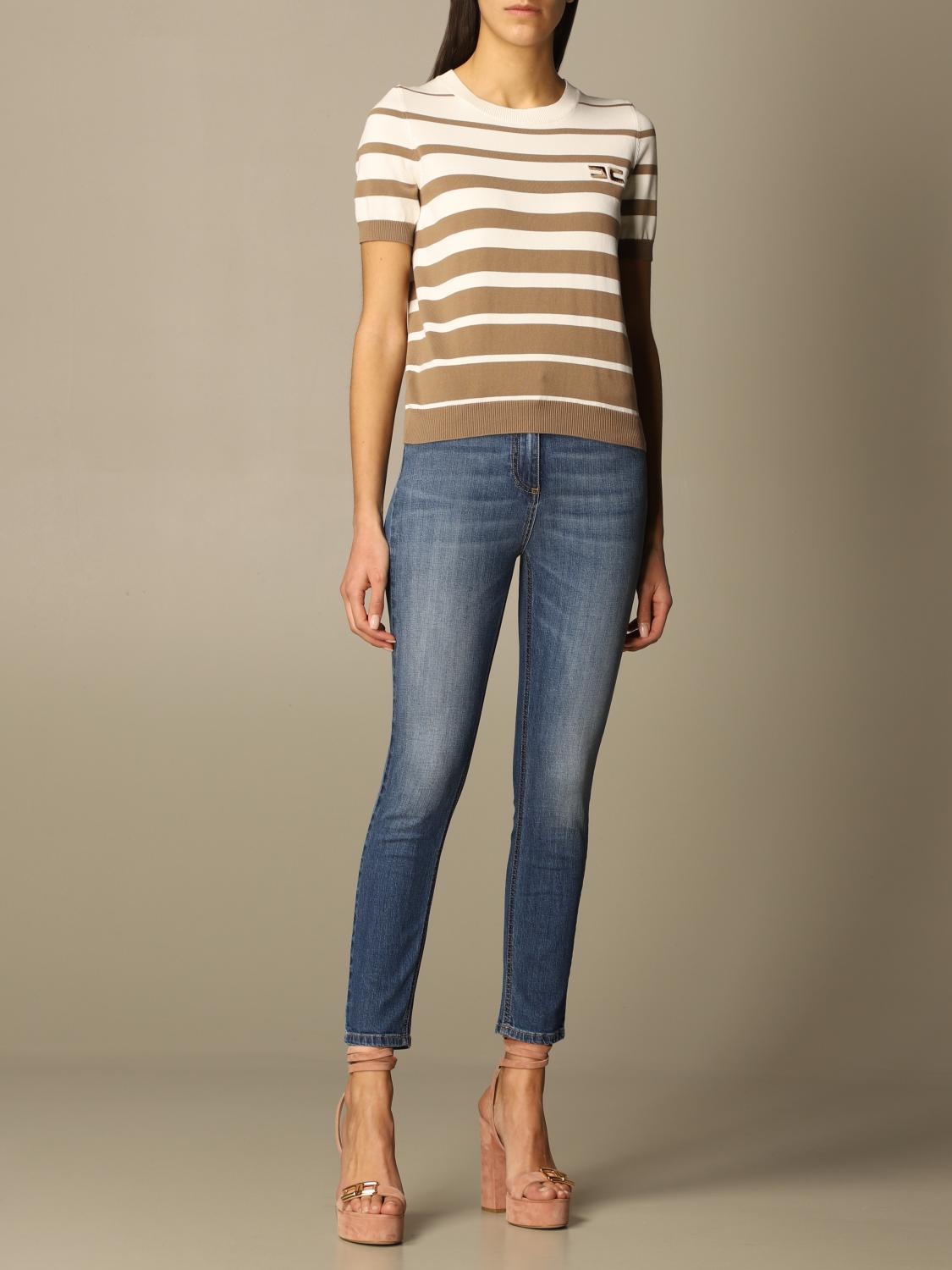 Elisabetta Franchi Outlet crewneck sweater with bands Dove Grey