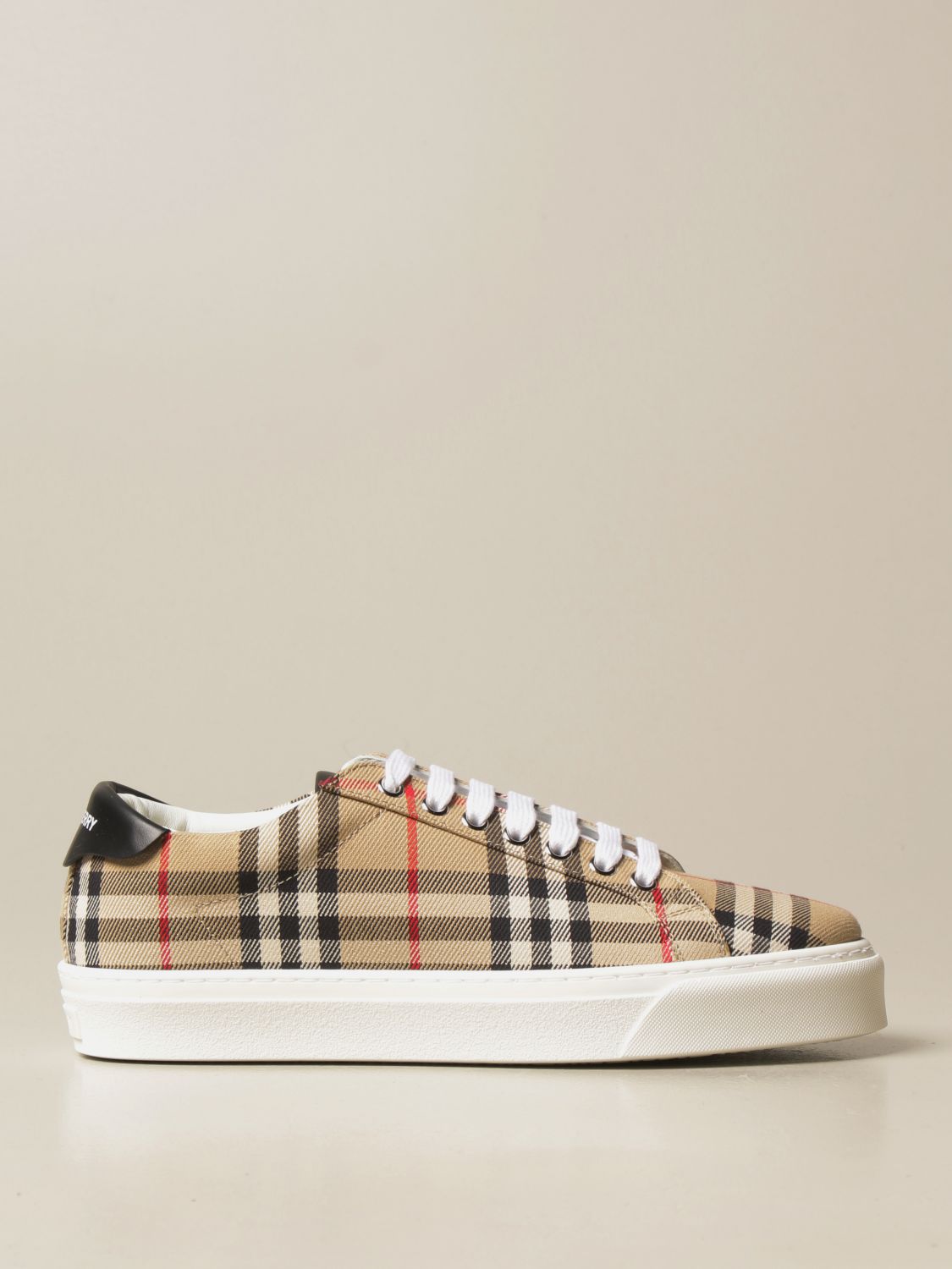 BURBERRY: lace-up sneakers in check cotton canvas - Beige | Burberry