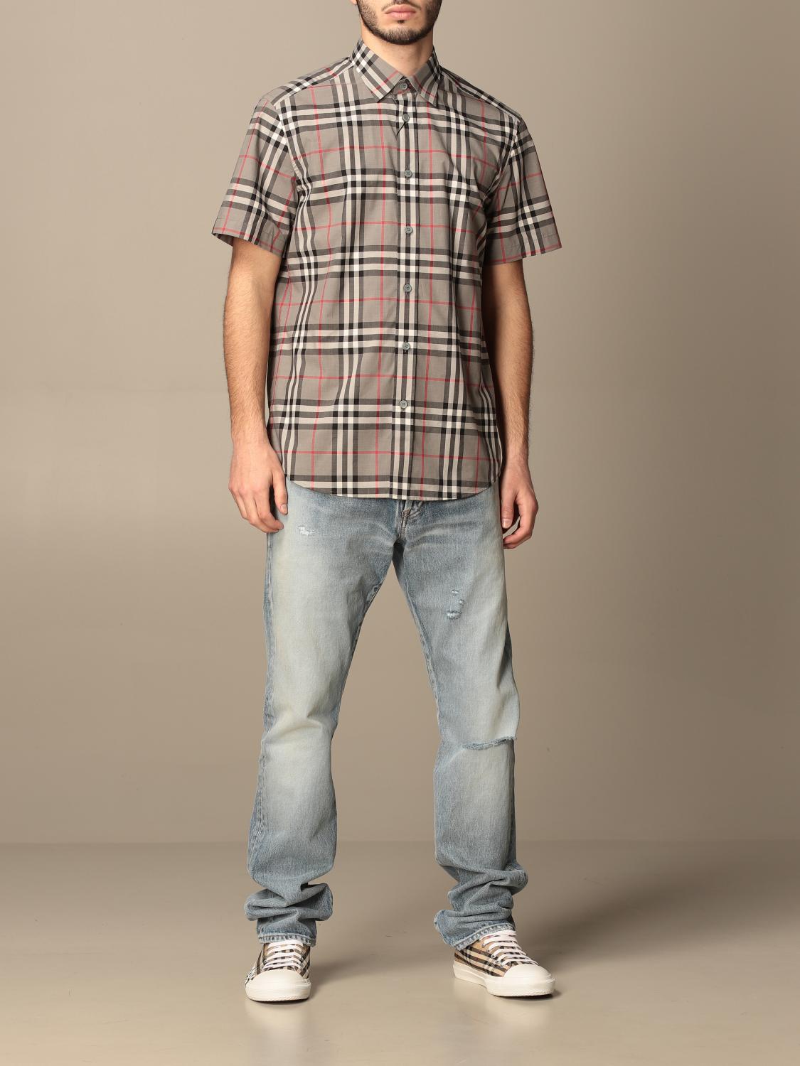 BURBERRY: shirt in cotton poplin with check pattern - Grey