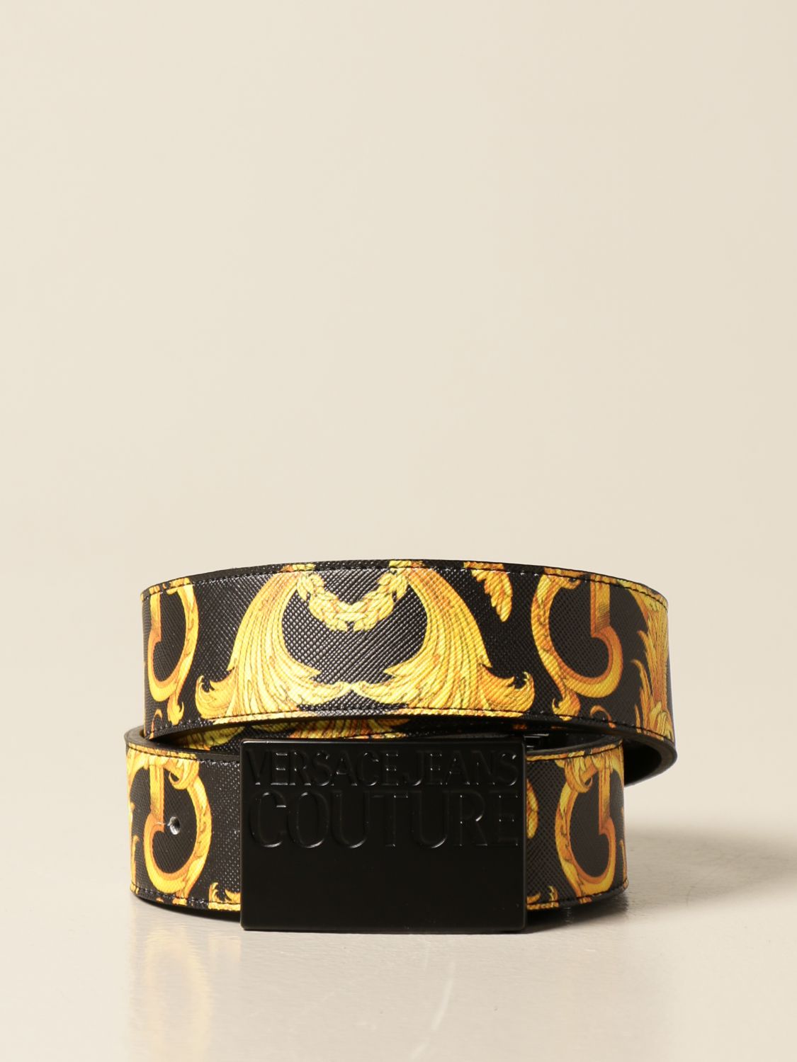 VERSACE JEANS COUTURE: belt in baroque saffiano leather - Black ...
