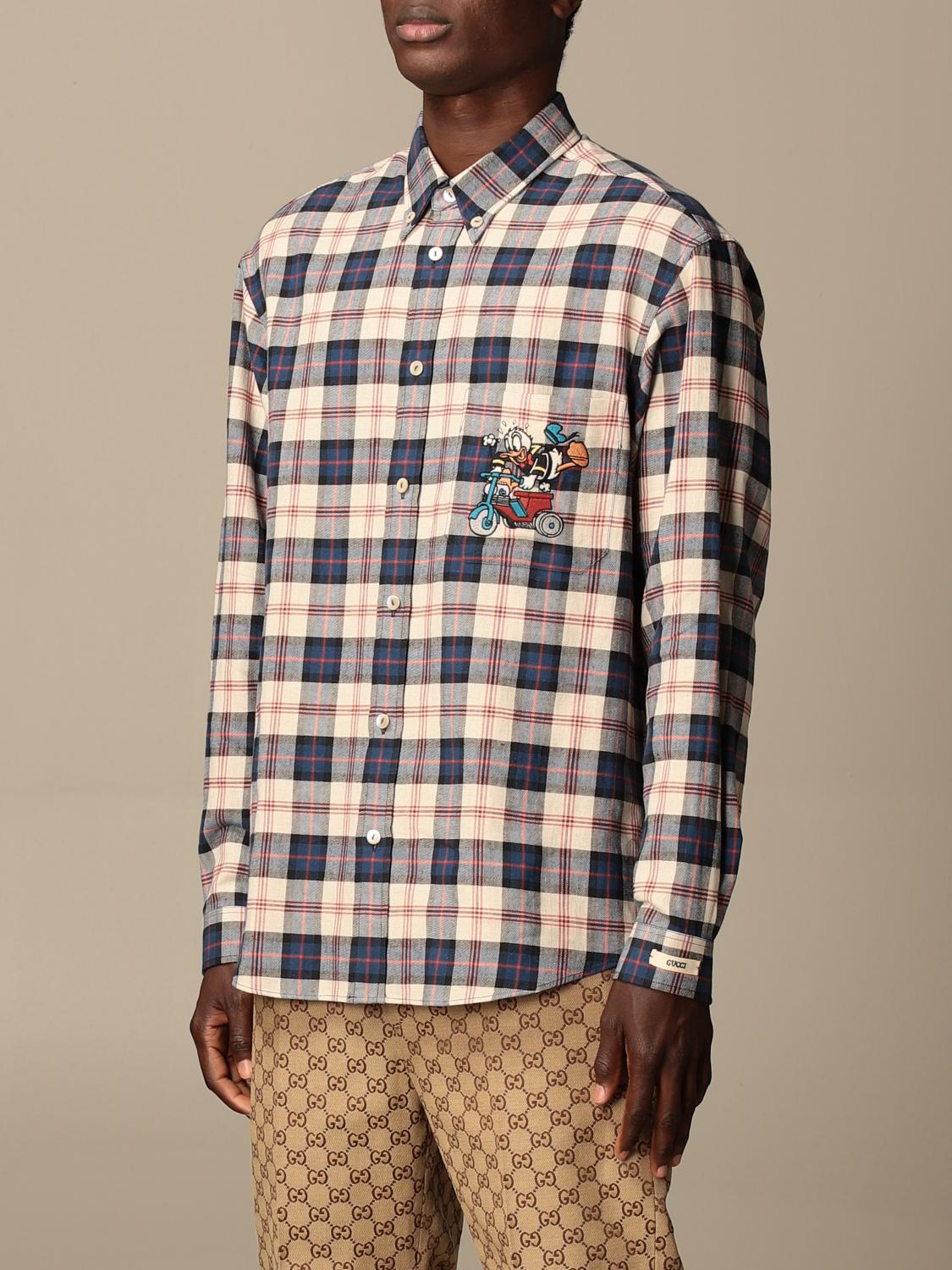 GUCCI: Camicia check con ricamo Paperino - Beige | Camicia Gucci 649066  ZAGG4 GIGLIO.COM