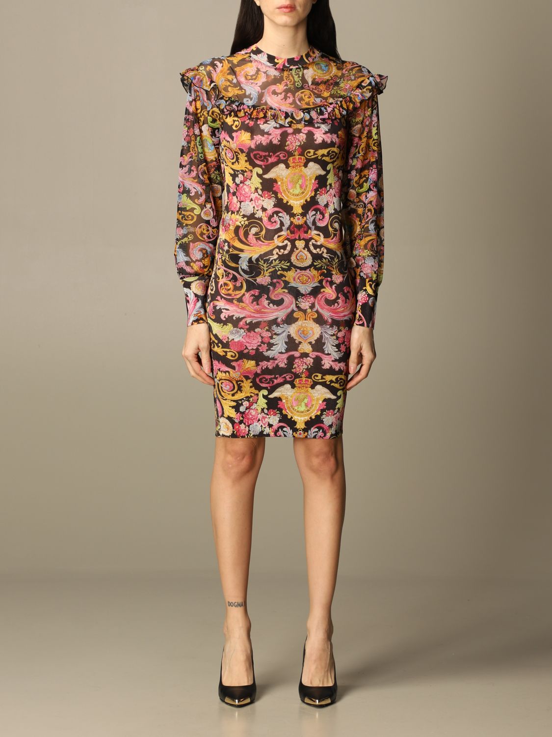 VERSACE JEANS COUTURE: dress with baroque / floral pattern - Black ...