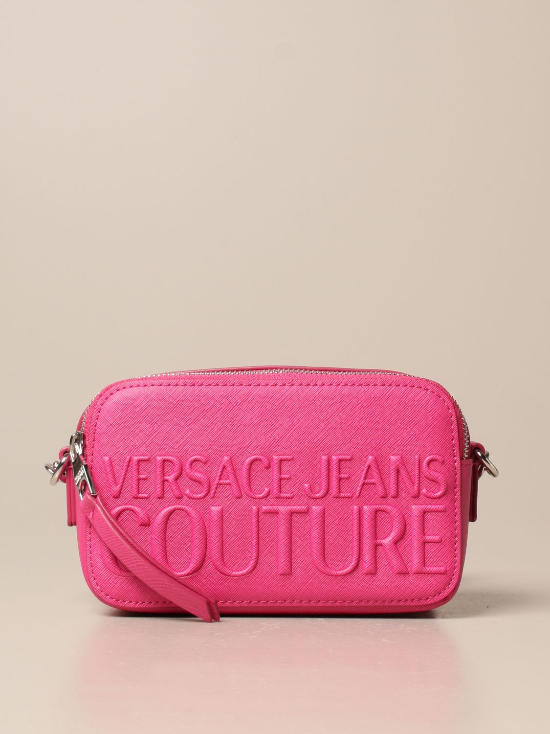 VERSACE JEANS COUTURE: shoulder bag with big logo - Fuchsia | Versace ...