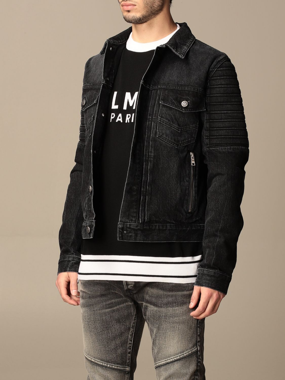 Balmain Men's Embossed Denim Jacket w/ Shearling Collar