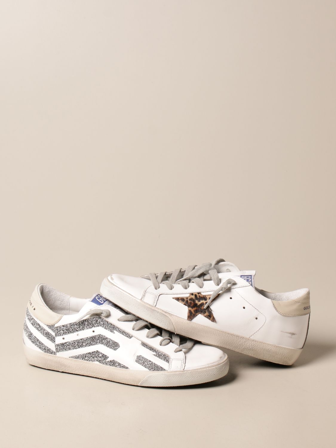 GOLDEN GOOSE: Superstar flag sneakers in leather with Swarovski ...