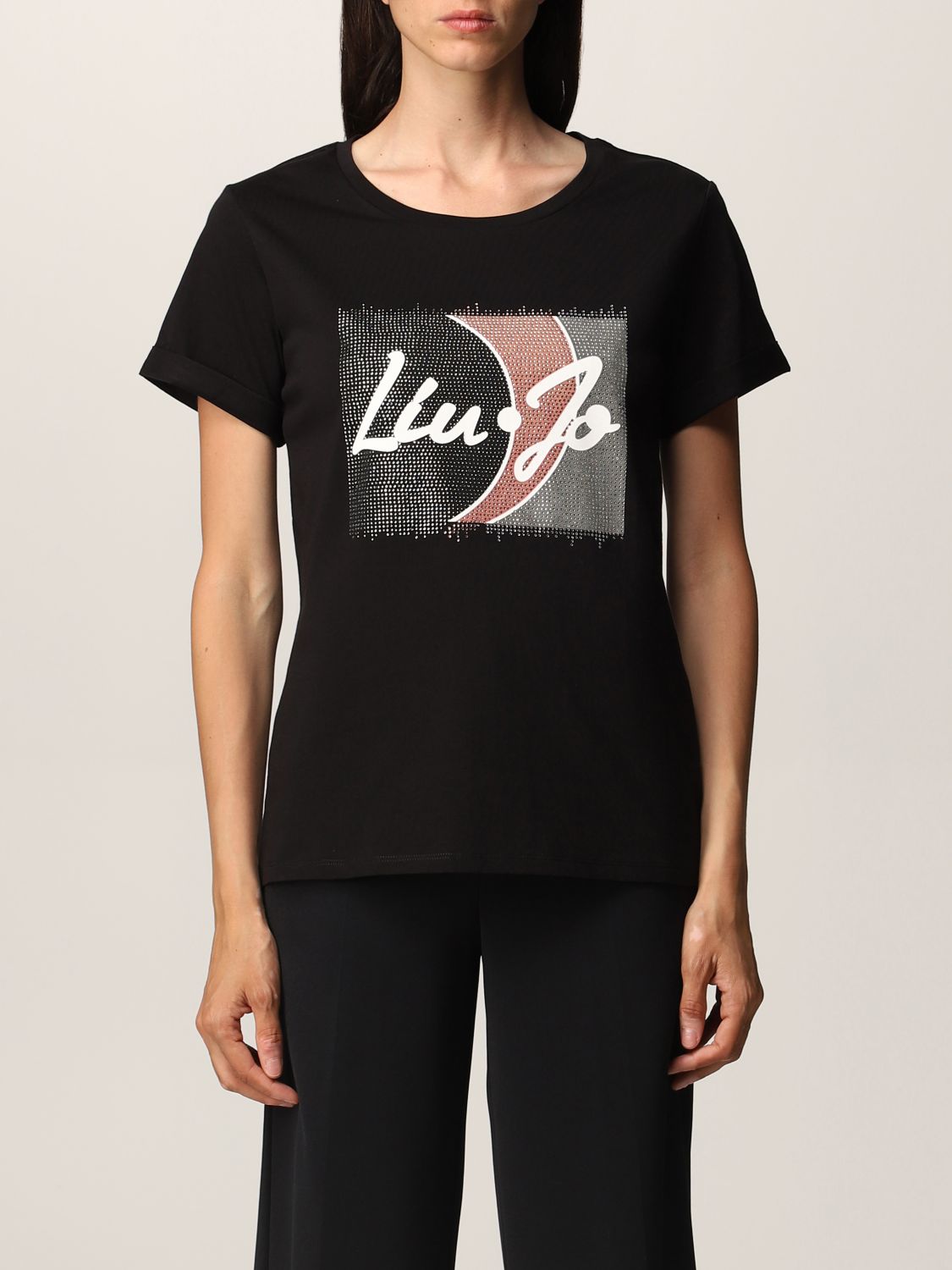 LIU JO: cotton t-shirt with rhinestone logo - Black | Liu Jo t-shirt ...