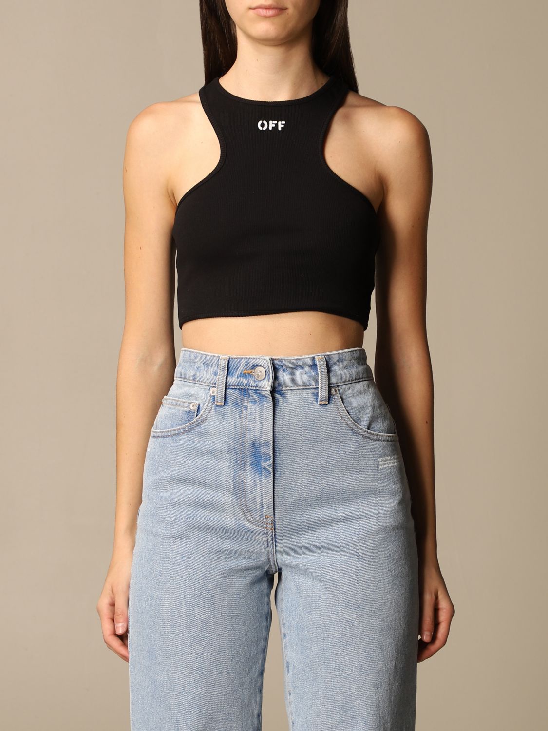 vente flaskehals indlæg OFF WHITE: cropped top with logo | Top Off White Women Black | Top Off White  OWAD086S21JER001 GIGLIO.COM