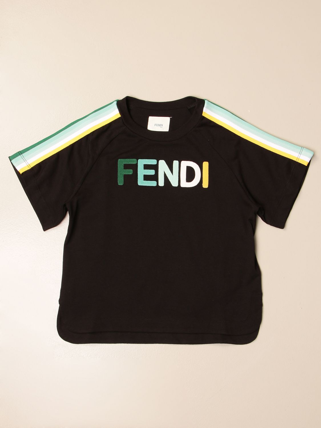 Fendi Outlet: cotton T-shirt with colored logo - Black | Fendi t-shirt ...