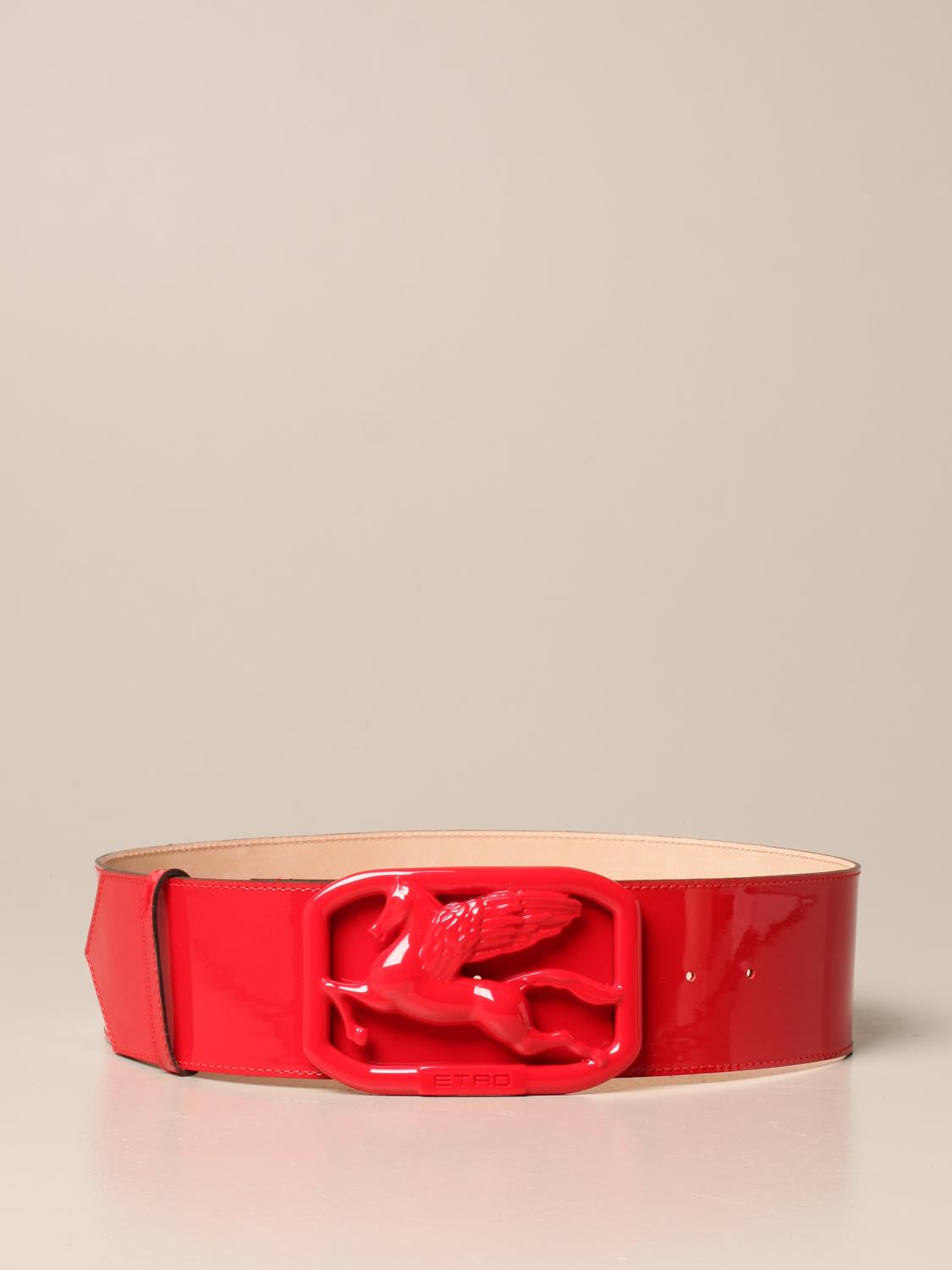 ETRO: patent leather belt with Pegaso buckle - Red | Etro belt 1N447 2498  online on GIGLIO.COM