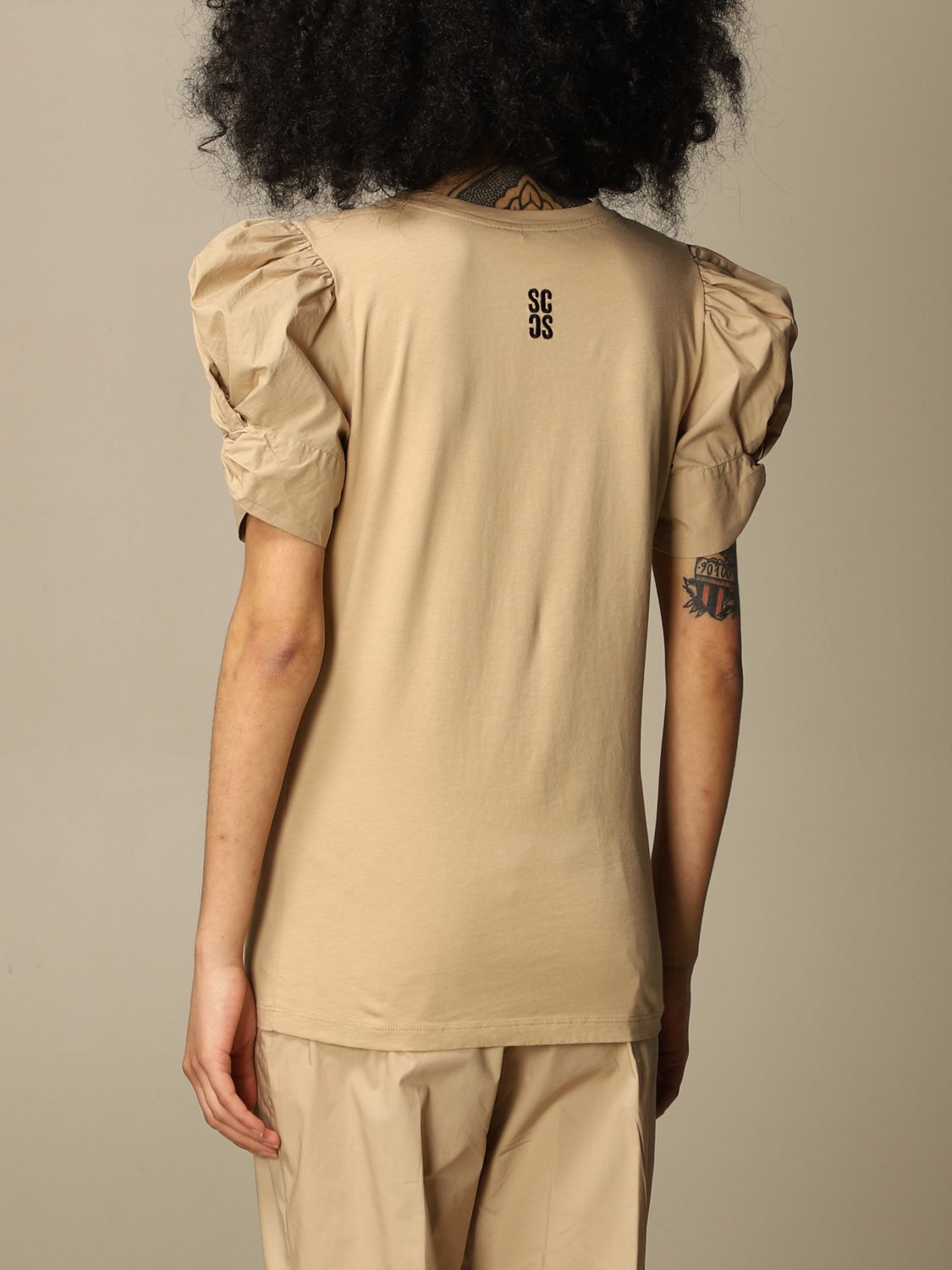 SEMICOUTURE: T-shirt with balloon sleeves - Beige | T-Shirt Semicouture ...