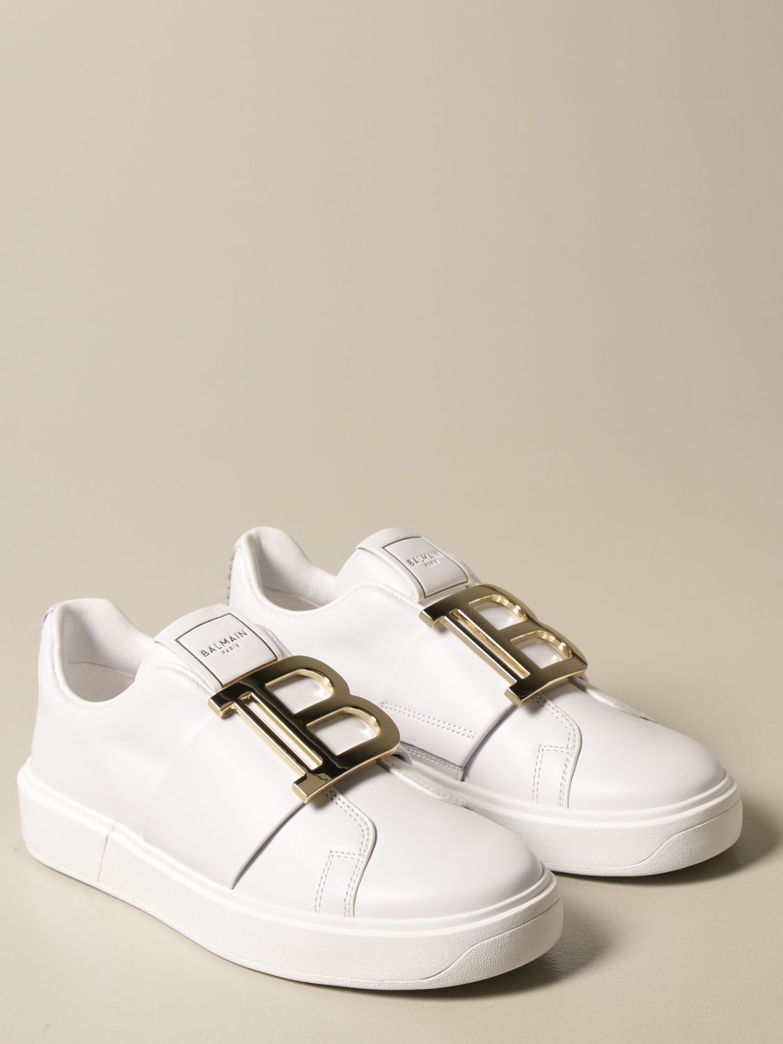 BALMAIN: sneakers in leather with big B logo - White | Sneakers Balmain ...