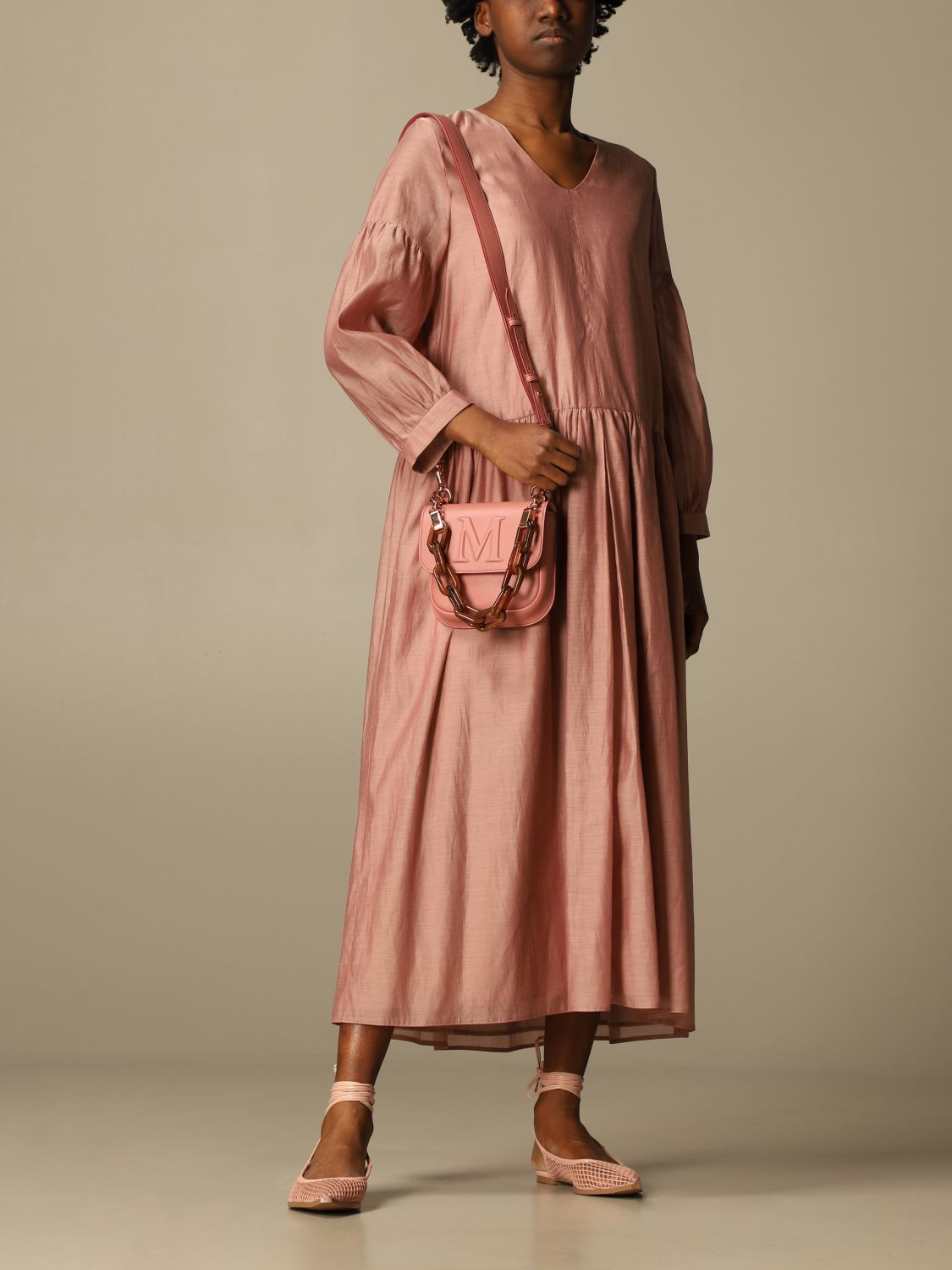 S Max Mara Outlet: long dress in cotton and silk voile - Blush Pink